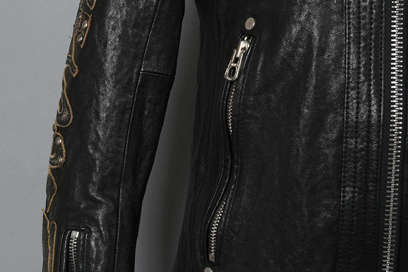 Cheap 2019 Fashion Genuine Leather Jacket Men Sheepskin Turn Down Collar Slim Fit Real Leather Jacket Short Letter pattern Autumn Coat 10