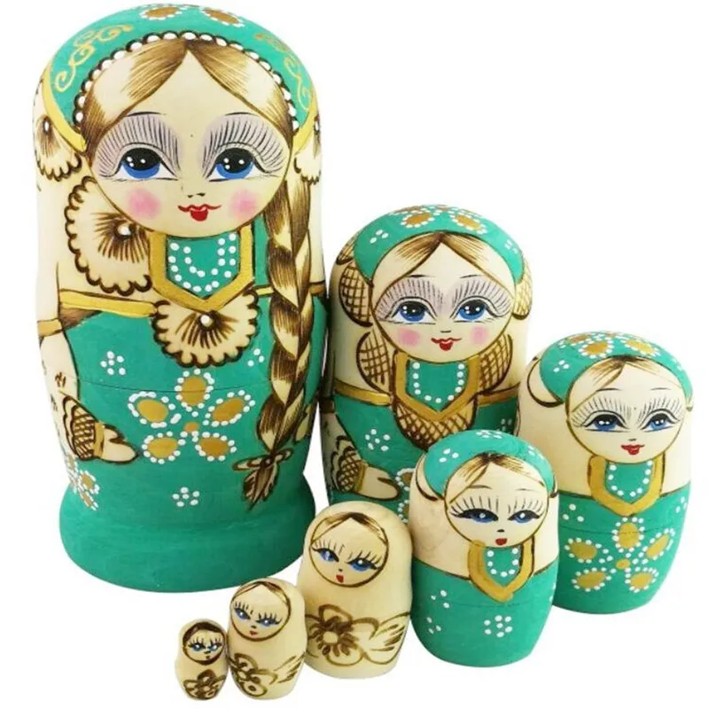 Adorable Handmade Matryoshka Dolls Craft Little Girl With Big Braid 7 PiecesSet Russian Nesting Wooden Toy For Kids Mother's Day Gift Home Decoration  (1)