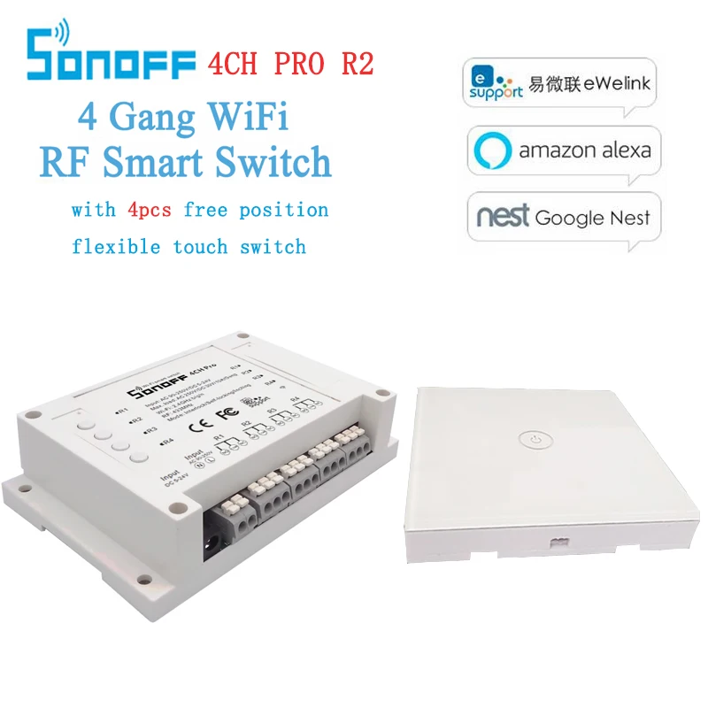 

Sonoff 4CH Pro R2 4 Channel WiFi RF Smart ON/OFF Remote Switch/Self-Locking/Interlock/ with free Wall Touch Switch sticker panel