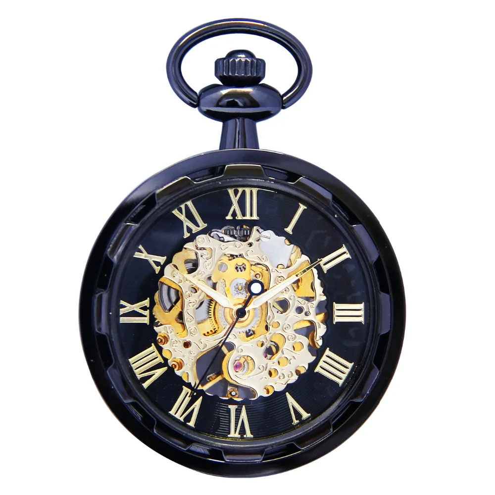 

Skeleton Hollow Roman IP Gun Metal Open Face Hand Winding Movement Mechanical Band Pocket Watch Clock Long Chain Jewelry /WPK242