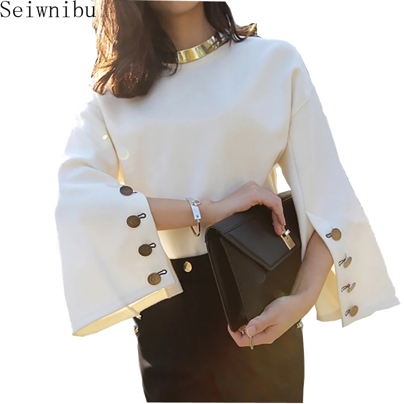 

Sueded White Warm Sweatshirt Harajuku Hoodies 2018 Winter Trumpet Sleeve Side Slit Button Solid Pullover Casual Top