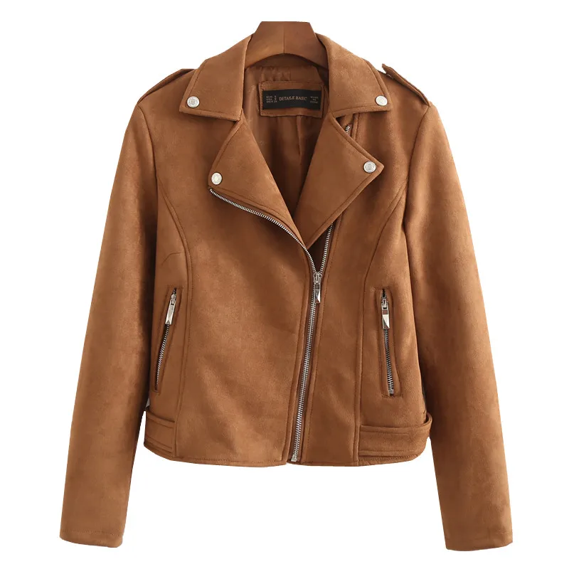 

New Fashion Women suede motorcycle jacket Slim brown full lined soft faux Leather female coat veste femme cuir epaulet zipper