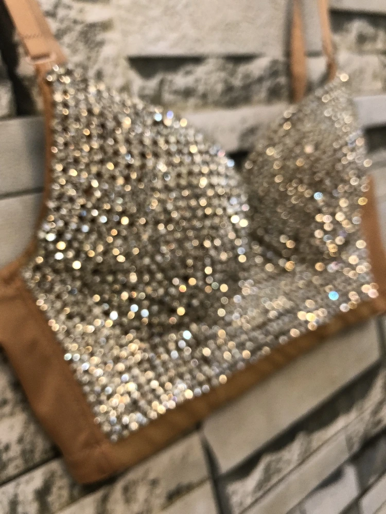 Women New Bright Night Sexy Rhinestone Gaga Bustier Pearls Push Up Night Club Bralette Bra Cropped Top Corset Plus Size C661