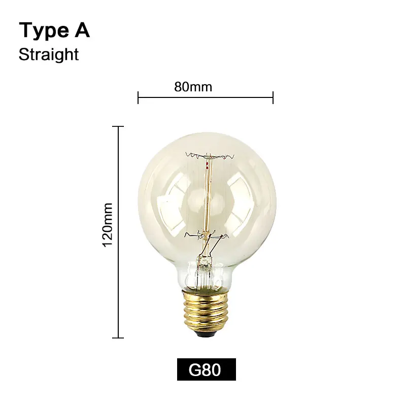 Ретро Винтаж Эдисон лампы Подвесная лампа-канделябр 220V нити E27 Эдисон лампы накаливания Светильник лампы античный Вольфрам лампа - Цвет: G80 Straight