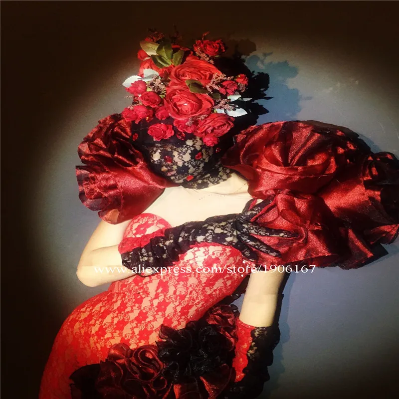 Red flowers lace dress dj ballroom dance costumes outfit rose party wears bar stage show catwalk performance clothe prom dj9
