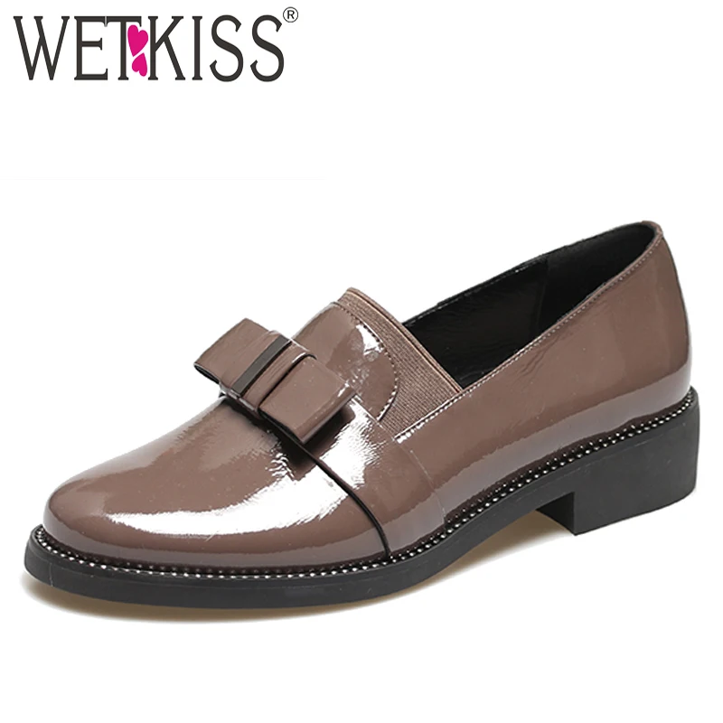 

WETKISS Patent Leather Flats Women Round Toe Footwear Fashion Casual Loafers Shoes Female Stud Girl Shoes Woman 2019 New Spring