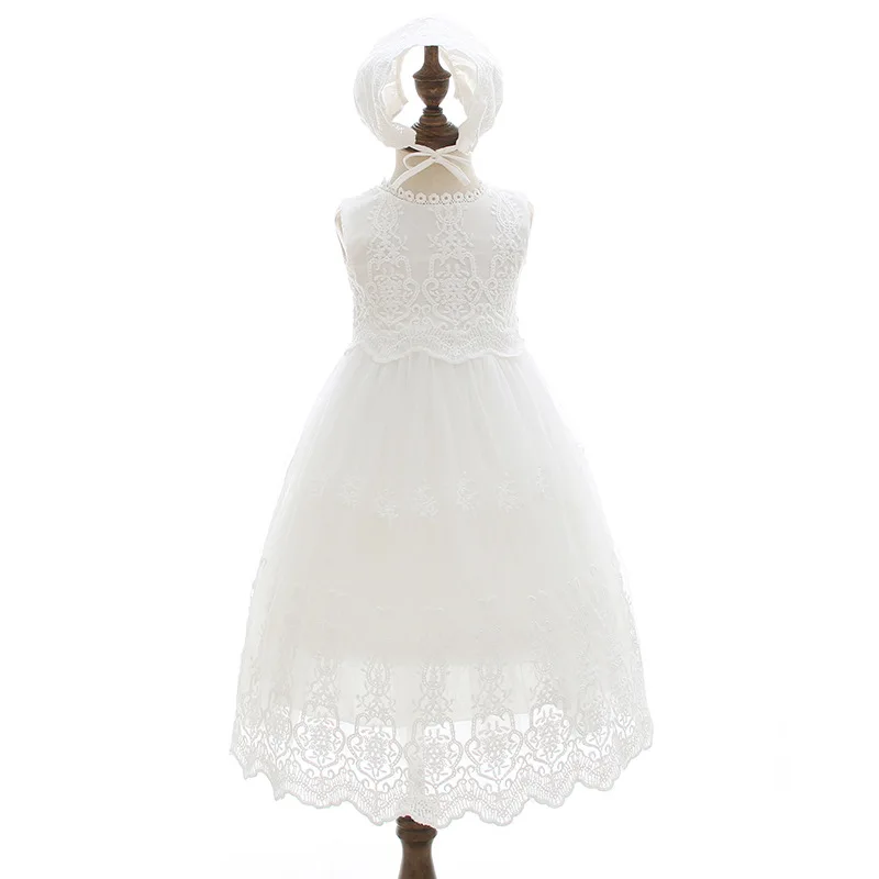 

Long Baby Christening Gown White Baptism Dress with Bonnet Hat Newborn Beaded Tulle Dresses Long Embroidered Lace Frock