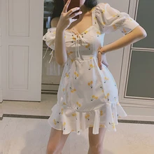 Summer dress vintage white ruffle lace up beach sexy dress elegant kawaii yellow cherry casual mini dress korean vestidos