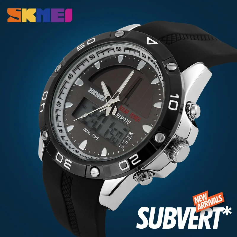 SKMEI для мужчин Солнечный Dual Time дисплей часы хронограф 50 м водостойкие спортивные