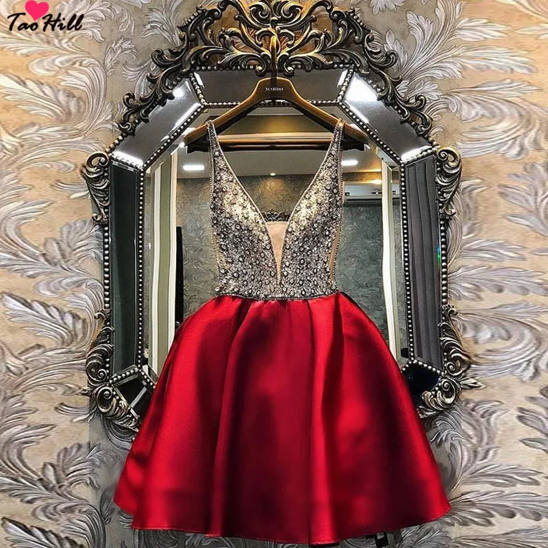 

TaoHill 2019 Long Sleeves Cocktail Dresses A-line V-neck Short Mini Handmade Flowers Party Plus Size Pink Homecoming Dresses