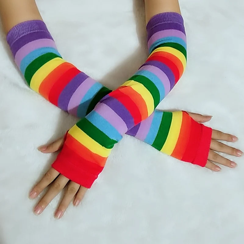 1 пара красочные хлопчатобумажные перчатки длиной до локтя без пальцев радужные длинные полосатые перчатки солнцезащитный подарок для женщин девушек леди