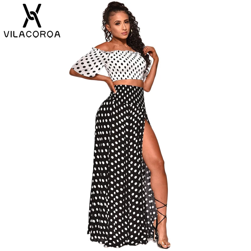 

Sexy Dot Strapless Beach Dress Women Vestidos Slash Neck Empire Split Two Piece Set Women Plus Size Maxi Dress Ensemble Femme