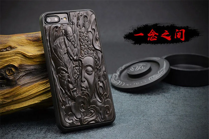 Роскошный резной 3D стерео Ebony деревянный ящик для iPhone 7 TPU полная защитная задняя крышка чехол для телефона s для iPhone 7 plus 8 6 6s plus - Цвет: yi nian zhi jian