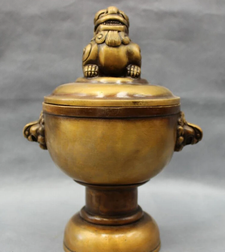 

S2481 10" Chinese Bronze Buddhism Wealth PiXiu Lion Head Statue Incense Burner Censer D0318