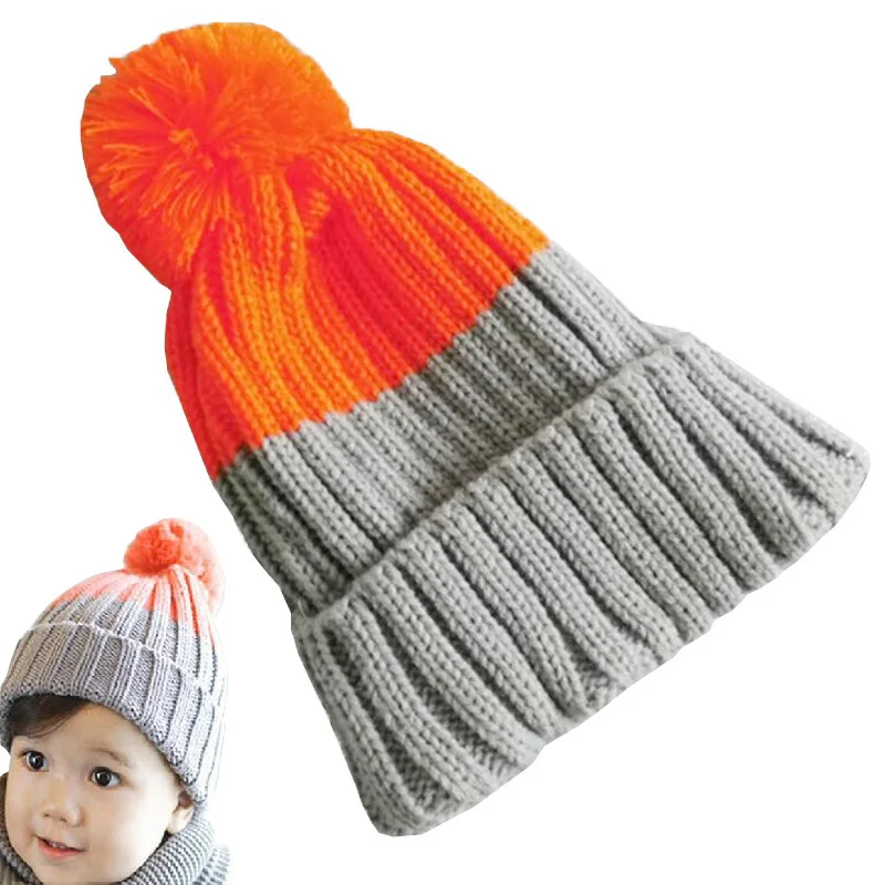 Orange grey baby cap Милая детская шапка для девочек и мальчиков, вязанная крючком Детская Шапка-бини, модная детская шапка с шерстяным шариком - Цвет: Orange grey baby cap