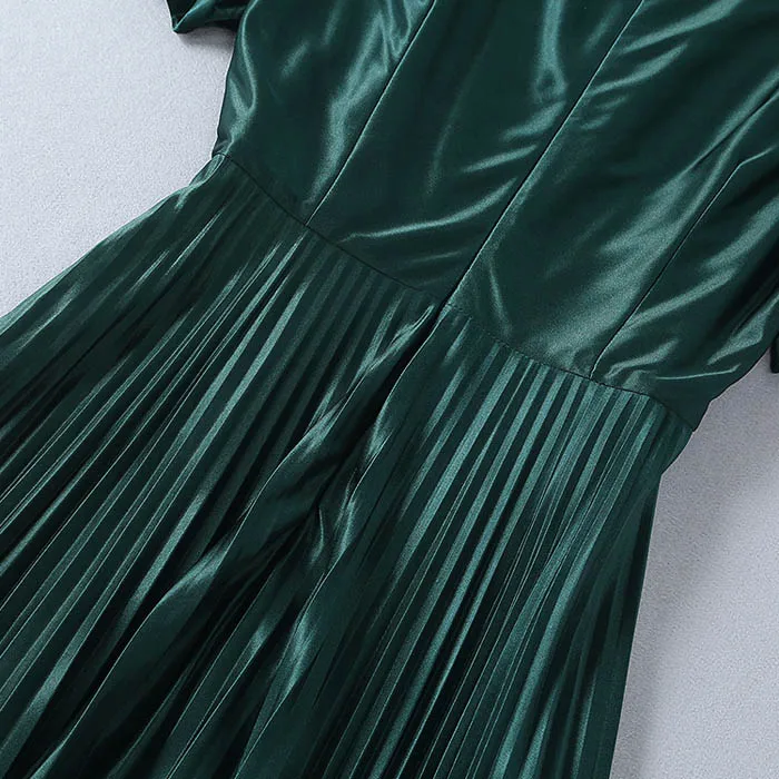 Элегантная Цветочная вышивка Плиссированные Длинные вечерние платья Для женщин летние Винтаж зеленый/бежевого цвета с О-образным вырезом драпированное платье макси взлетно-посадочной полосы платье