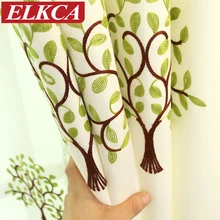 Korean Green Tree Embroidered Curtains for Living Room Window Curtains for Bedroom Faux Linen Curtains for Kids Drapes