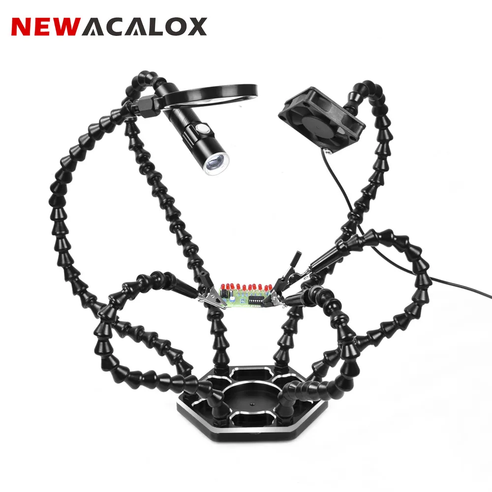 Billige NEWACALOX Third Hand Löten PCB Halter Werkzeug Sechs Arme Helping Hands Handwerk Werkstatt Hilft Schweißen Station USB LED Lupe