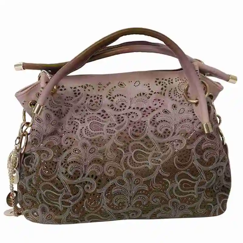 

women handbag leather hollow out bags color gradient tassel bag ladies portable shoulder bag(Pink)