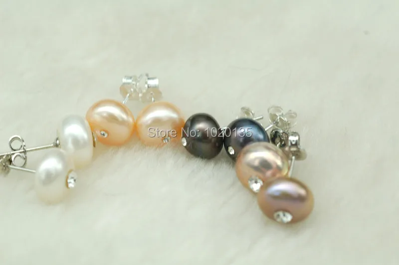 

4pairs freshwater pearl stud coin earrings nature white pink purple black 7-9mm