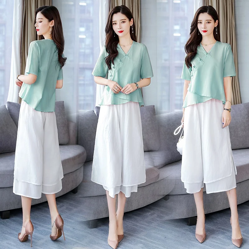 Летний комплект из двух предметов для женщин, хлопковый льняной Топ Cheongsam+ широкие брюки, костюмы, элегантная женская Этническая одежда AA4714