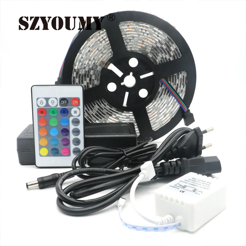 buy SZYOUMY New!!! 5 sets RGB Led Strip Waterproof 5M SMD 5050 300 LEDs Roll +24 keys IR Remote+12V 5A Power Adapter Free Shipping