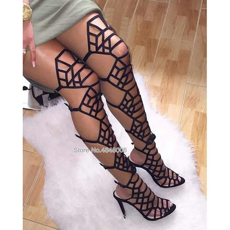 

2019 Women Hollow Out Over The Knee Summer Boots Thin High Heels Peep Toe Buckle Shoes Female Night Club Dress Pumps Boots
