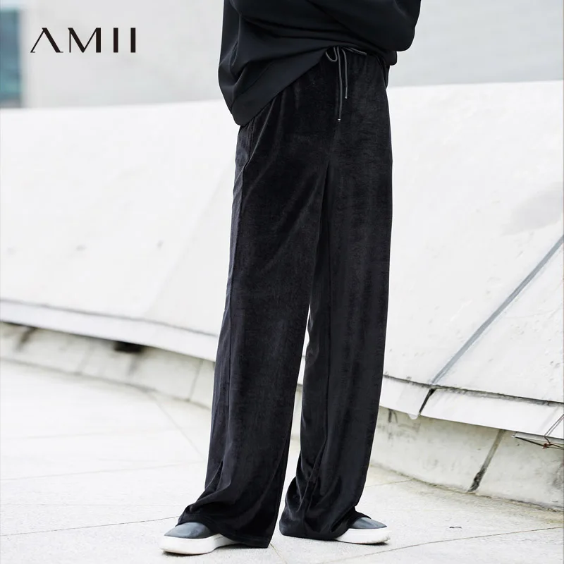 

Amii Women Minimalist Wide Leg Pants 2019 Loose Velvet Drawstring Mid Elastic Waist Long Female Trousers