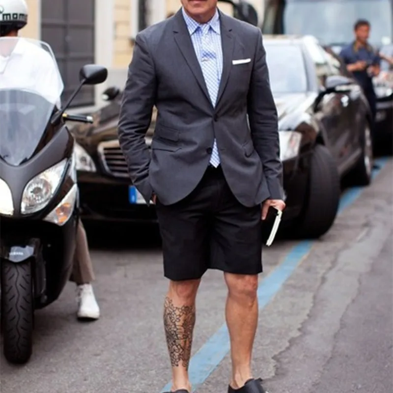 Летние костюмы серый стильные короткие брюки мужской костюм Блейзер с черными брюками повседневные Смокинги на заказ Terno Masculino(куртка+ брюки - Цвет: as the image