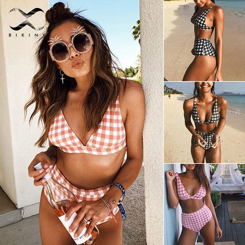 Bikinx плед черный купальник женский Высокая талия комплект бикини Push up Купальники