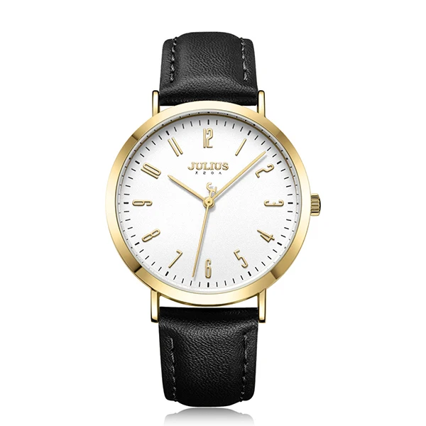 Julius большой циферблат карамельный цвет простые женские часы модные кожаные водонепроницаемые кварцевые наручные часы повседневные студенческие часы Подарки для девочек - Цвет: black watch
