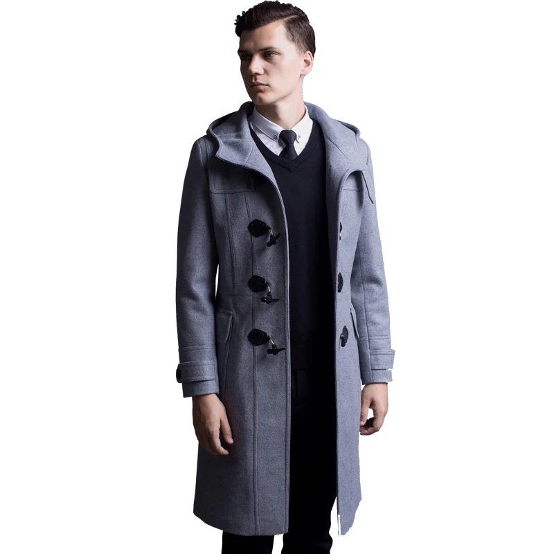 Horns Buckle woolen Coat Men 2017 Spring And Autumn New England Hooded Long Section Of Wool