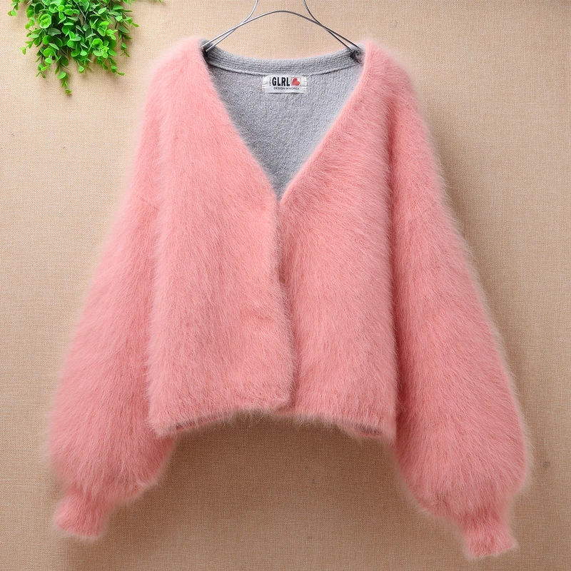 

women elegant winter short style loose plush V-neck mink cashmere cardigan long lantern sleeves angora fur sweater coat mantle