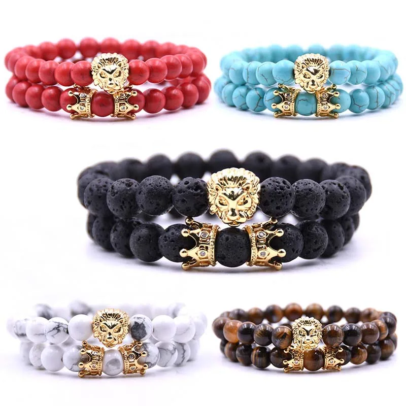 

2 Pcs/set Natural Lava Stones Bead Bracelet crystal leopard Bracelet Couple Tiger Eye Yoga Bracelets Bangles Women Men Jewelry