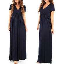 Модные летние Платья для вечеринок Для женщин офисная с коротким рукавом женское длинное платье v-образным вырезом сексуальный халат Femme Vestidos плюс Размеры Макси платье