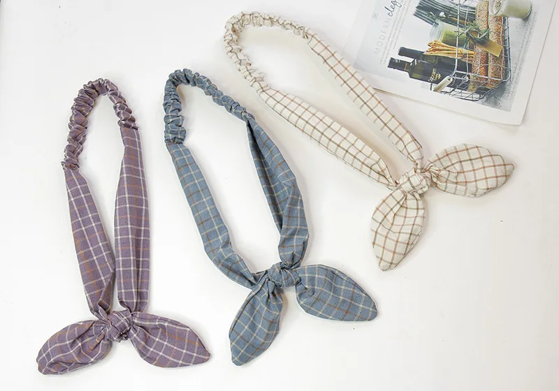 11Lovely Grid Rabbit Ears Hair Band for Girls Infant Hair Accessories Headwrap Make Up Sweet Little Girl's Bow Headband Turbans