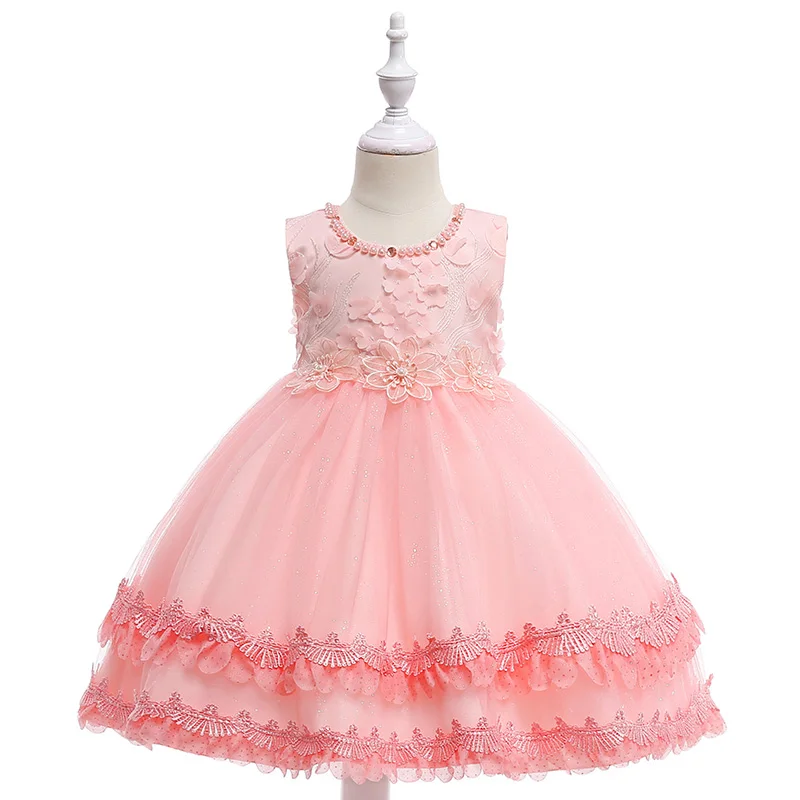 

Retail Embroidery Flower With Pearl Kid Girls Party Prom Dress Appliques Flower Hemline Girls Wedding Pink Dress L5011