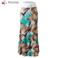 Летняя новая клетчатая юбка с цветочным принтом для женщин в пол контрастного цвета с высокой талией трикотажная Макси-юбка Женская