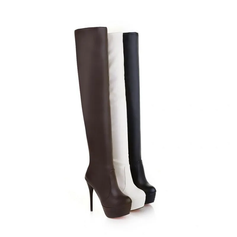 Пикантные Черные Сапоги выше колена; женские сапоги на платформе и высоком каблуке; сезон осень-зима; кожаные облегающие высокие сапоги; белая женская обувь; WSH763
