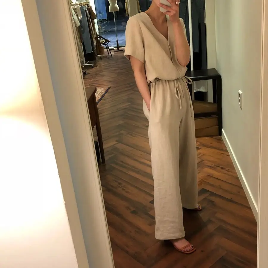 2019 Casual Women Summer Jumpsuit Light Khaki Color Full Length Wide Leg Jumpsuits 2019 Casual Women Summer Jumpsuit Light Khaki Color Full Length Wide Leg Jumpsuits