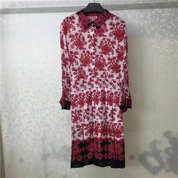 

Red Print Dress for Women Long Sleeve Turn-down Collar Women Vintage Dress 2018 new Mid-calf Length Women Dress