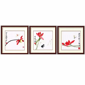 

SewCrane Stamped Cross Stitch Kit, Chinese Painting Red Lotus Flowers, 14.5 x 14.5inches