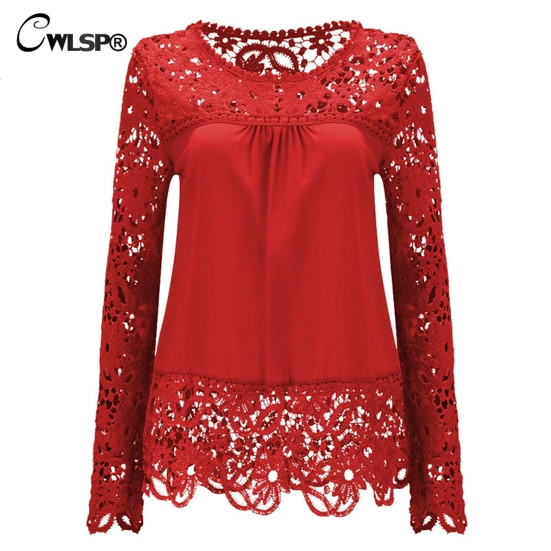 CWLSP, плюс размер, женские шифоновые блузки, рубашки, топы с длинным рукавом, кружевные блузки, ажурные, вязанные крючком, Blusas Femininas, мода - Цвет: Красный