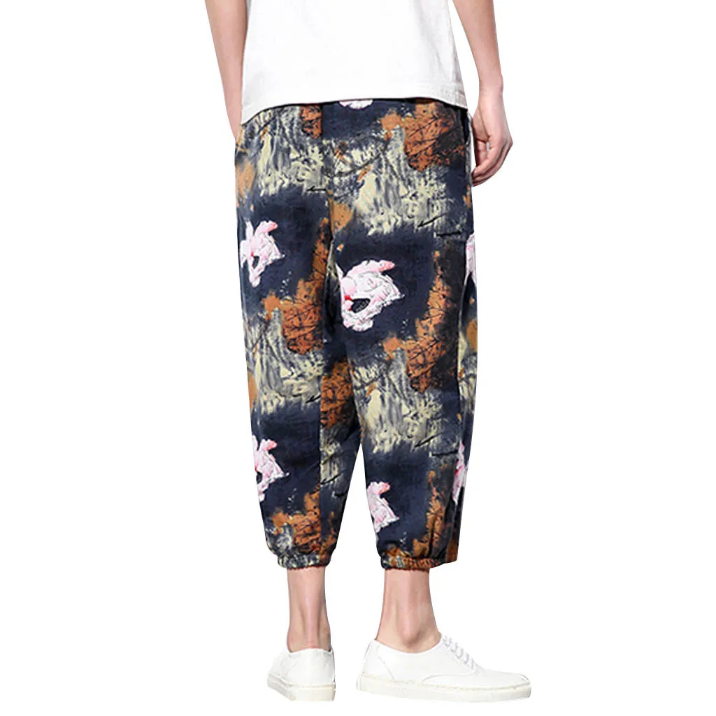 Длина до лодыжки штаны, мужские брюки хип-хоп Jogger Мужская Летняя мода для отдыха в этническом стиле Лен с принтом свободные брюки W417