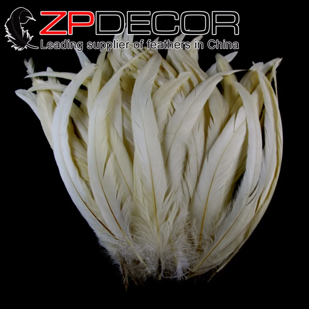 

ZPDECOR 100pcs/bag 25-30cm(10-12ich) Hand Sorting Wholease Beautiful Decolorizing Ivory Rooster Coque Tail Feathers For Wedding