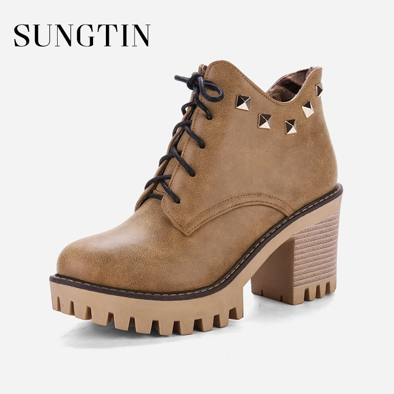 

Sungtin Classic Lace Up Rivet Motorcycle Boots Women Square High Heels Ankle Boots Female Casual Booties Brown Shoes Big Size 43