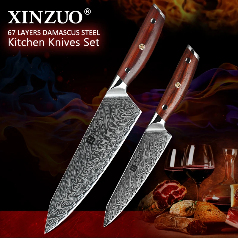 

XINZUO 2 PCS Kitchen Knives Damascus Japanese VG10 Core Razor Sharp Blade High Carbon Strong Hardness with Rose wood Handle
