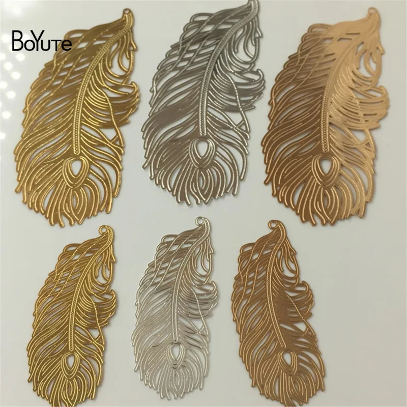 BoYuTe 10Pcs Big 8337MM Small 5023MM Filigree Brass Metal Feathers Silver Gold Diy Feather Pendant Charms for Jewelry Making