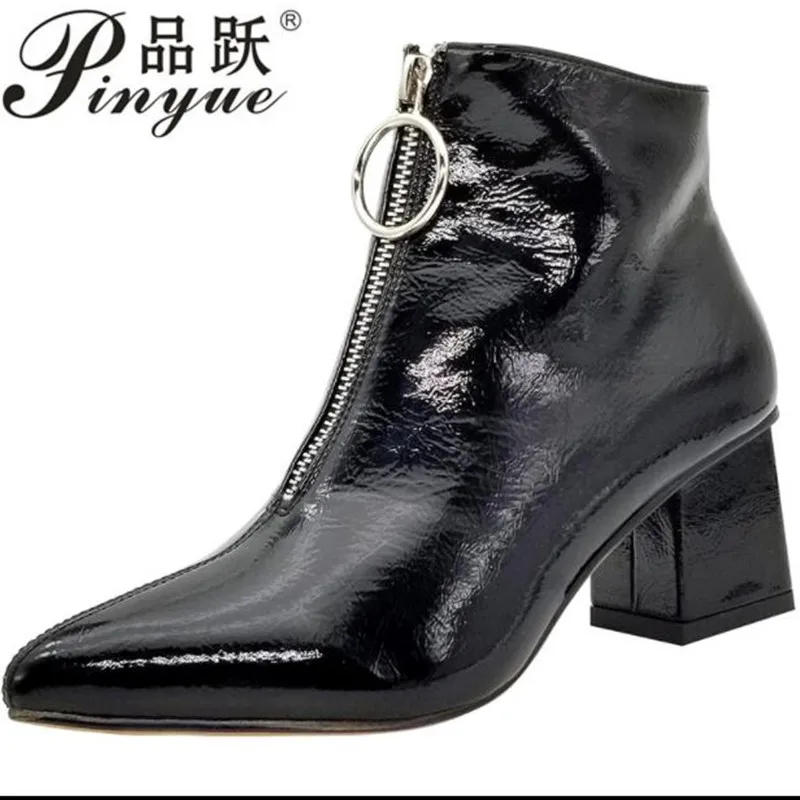 

2019 Brand Zipper Boots Woman Front Big Zipper Open Botas Mid-Calf Botines Winter Thick High Heels Patent Leather new Bootie