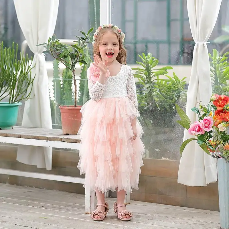 Платья принцессы для девочек; кружевное многослойное платье-макси из тюля с цветочным рисунком; детская одежда с длинными рукавами для свадебной вечеринки; E17104 - Цвет: pink flower pin